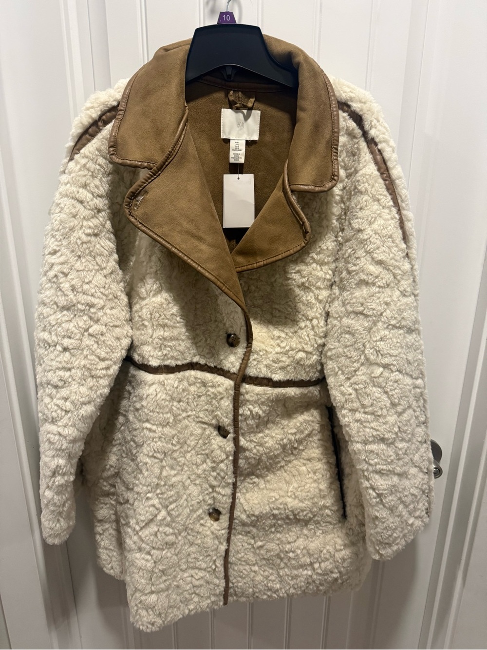 H&M Cream Teddy Jacket with Brown Suede Trim